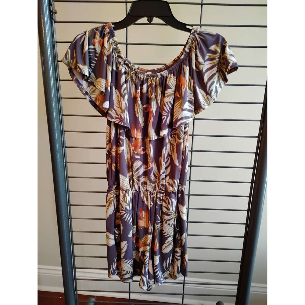 MTS Tropical Floral Romper Purple Orange Palm Print Off Shoulder Ruffle P9429